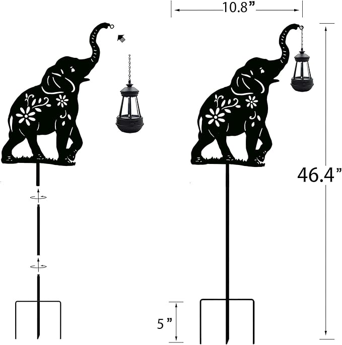 Solar Elephant Garden Stakes Outdoor Solar Decor Metal Elephant Holding Solar Animal Lantern Decorative Garden Metal Animal Stakes Outdoor Elephant Silhouette Stakes
