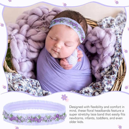Dizila 6 Pieces Super Soft Stretchy Purple Light Blue Baby Girl Bow Flower Nylon Headbands Floral Lace Headbands Hair Accessories for Newborns Infants Toddlers Girls Kids