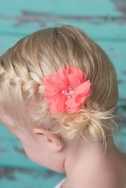 Baby Girls Chiffon Flower Hair Clips with Rhinestones and Pearl,YYCRAFT 24 pcs Party Wedding 2" Hair Accessory for Kids Toddler Infant Girls(12 colors)