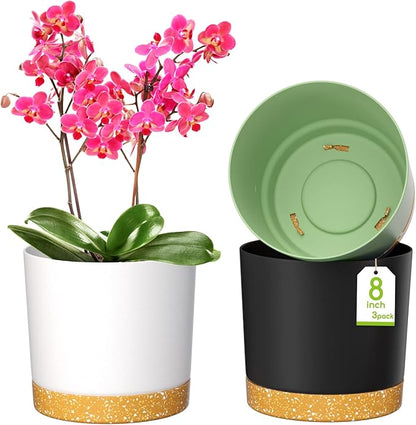 ZMTECH Plant Pots, Set of 3 8'' Self Watering Plastic Planter with Drainage Hole and Saucer, Modern Decorative Flower Pot for Indoor Outdoor House Plants, Succulents, Flowers - Dark Gray/White/Green