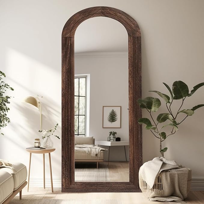 Arched Full Length Mirror with Solid Wood Frame, 65x22 Farmhouse Wall Mounted Floor Mirror with Stand, Vertical Hanging, Leaning Standing for Bedroom, Living Room, Brown