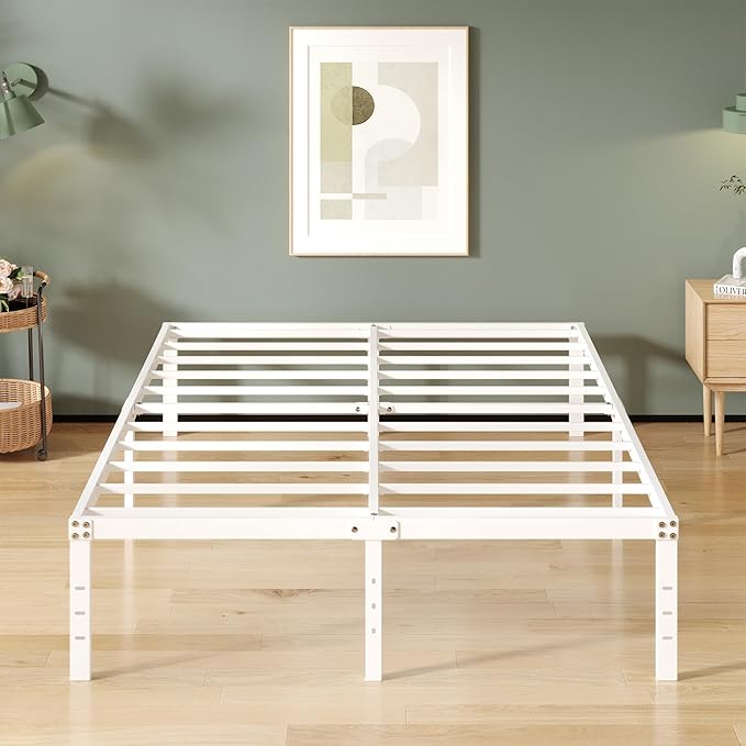 16 Inch White California King Bed Frames No Box Spring Need, Platform Cal King Bed Frame with High Storage, Eassy Assembly 3,500 lbs Heavy Duty Bedframes
