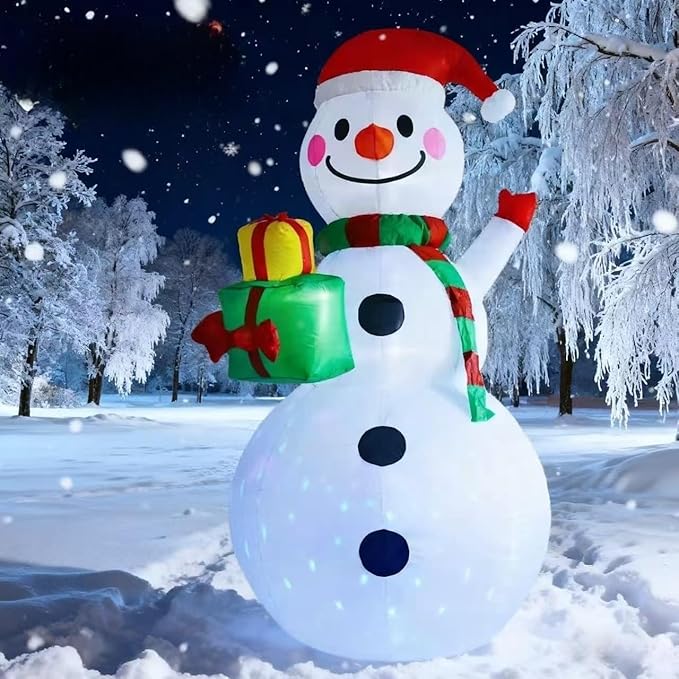 8FT Christmas Inflatable Outdoor Decoration Christmas Snowman with Gift Boxes Built-in Colored Lights & LED Lights Suitable for Yard, Lawn, Outdoor Holiday Party Decorations、
