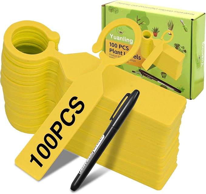 Plant Labels Yuanling 100Pcs Plastic Waterproof Plant Tree Tags Nursery Garden Markers for Indoor Outdoor Gardening Plants Vegetables Flowers Potted (Yellow Color with 1 Marker Pen)