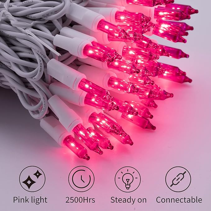 Christmas Pink Mini String Lights - 100 Count 25 Feet Detachable Incandescent Bulb Waterproof Fairy Lights Plug in for Indoor Outdoor Party Patio Xmas Tree Valentine's Day Decoration, White Wire
