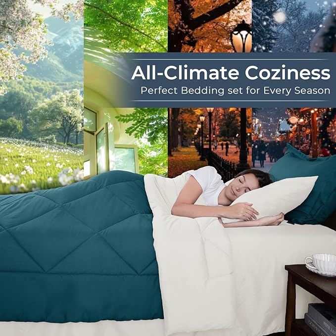 HEVUMYI Queen Comforter Set - 7-Piece All Season Bed in a Bag Queen, Ultra Soft Bedding Set with Comforter, Flat Sheet, Fitted Sheet, Pillowcases, Pillow Shams, Peacock Blue & Ivory