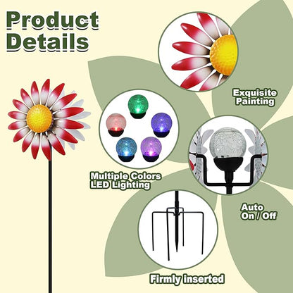 Decorative Metal Garden Daisy-Style Rotator, Decorative Garden Post, Daisy-Style Sculpture Courtyard. Outdoor Courtyard Art. (Red)
