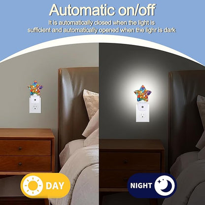 Colorful Stained Glass Dusk to Dawn Star Night Light,Abstract Smart Sensor Nightlight for Bedroom Kitchen Hallway Stairs,Plug-in Energy Efficient Decor Desk Lamp Women Men Gifts