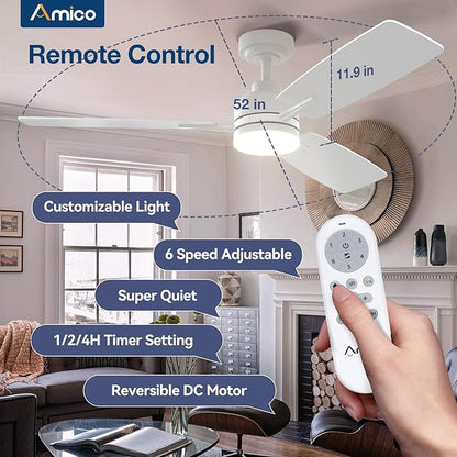 Amico Ceiling Fans with Lights, 52 Inch Ceiling Fan with Light and Remote Control, White Fan, Reversible, 3CCT, Dimmable, Noiseless, Ceiling Fan for Bedroom, Indoor/Outdoor Use