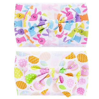 2Pcs Easter Baby Headband Rabbit Egg Easter Hair Bows for Girls Large Easter Bunny Ears Headband Toddler Girls Nylon Hair Accessories Big Bows Hairband