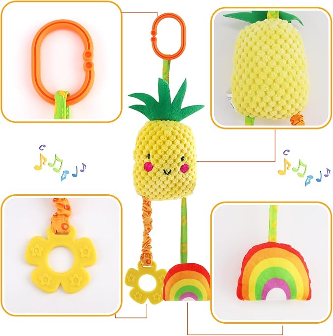 KAKIBLIN Baby Hanging Rattle Toys, 4 Pack Car Seat Stroller Toys Soft Squeaky Toy for Baby Newborn Infant Car Crib Travel Activity with Teether for Boys Girls, Toys for 0 3 6 9 12 Months, Fruits-A