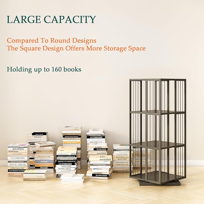 Square Rotating Bookshelf Tower - 360 Spinning Display Corner Bookcase for Narrow Space, Modern 3-Tier Revolving Storage Shelf, Black