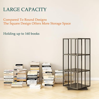 Square Rotating Bookshelf Tower - 360 Spinning Display Corner Bookcase for Narrow Space, Modern 3-Tier Revolving Storage Shelf, Black