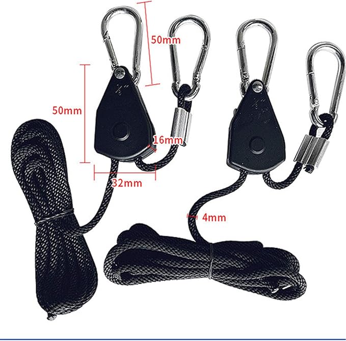 Grow Light Rope Hanger ，1/8" 8-Feet Long Heavy Duty Adjustable Rope Clip Hanger, Adjustable Rope Ratchet Hangers 150 Lbs per Pair (12 Pairs)