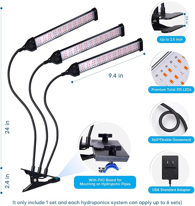 LED Grow Lights for Indoor Plants,Full Spectrum Clip Plant Growing Lamp with PVC Board for Hydroponics Plants,10-Level Dimmable,Auto On Off Timing 3 9 12Hrs(1 Pack)