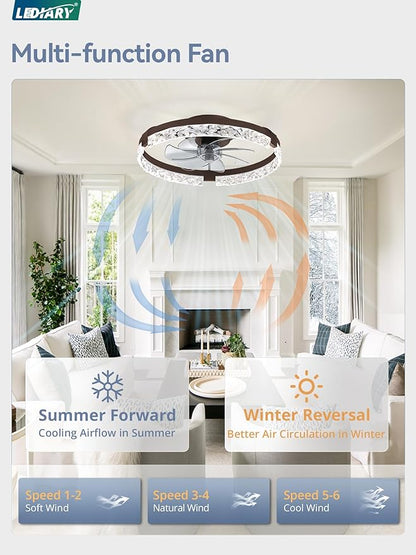 LEDIARY 2 Pack 20 Inch Ceiling Fans with Lights and Remote, Fandelier Modern Low Profile Ceiling Fan, 3000K-6000K Dimmable LED Fan Light, Brown Flush Mount Ceiling Fans with Lights for Bedroom