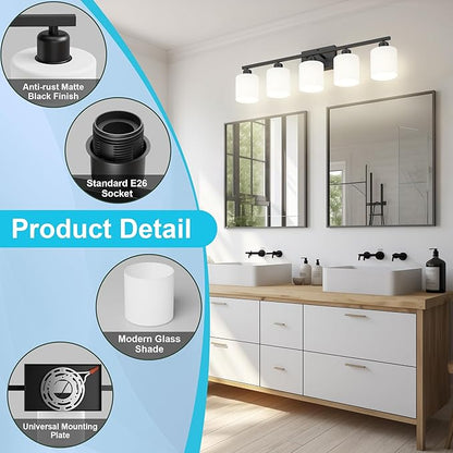Bathroom Black Lighting Fixtures Over Mirror, Anti-Rust 5-Light Bathroom Vanity Lights,Milky White Glass Shades