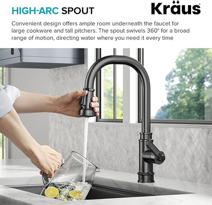 KRAUS Allyn Transitional Industrial Pull-Down Single Handle Kitchen Faucet in Spot-Free Black Stainless Steel