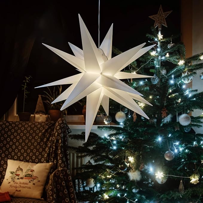 Leejec 22" Moravian Star Light, Easy Assembly, Christmas Decorations, Indoor& Outdoor Hanging, Advent Star, Warm White LED Porch Light with Timer, Wedding & Home Decor