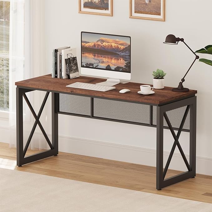 BON AUGURE 60 Inch Computer Desk for Home Office, Industrial Metal Wood Desks, Farmhouse Large Writing Table, Modern Sturdy Gaming Desk (Rustic Oak)