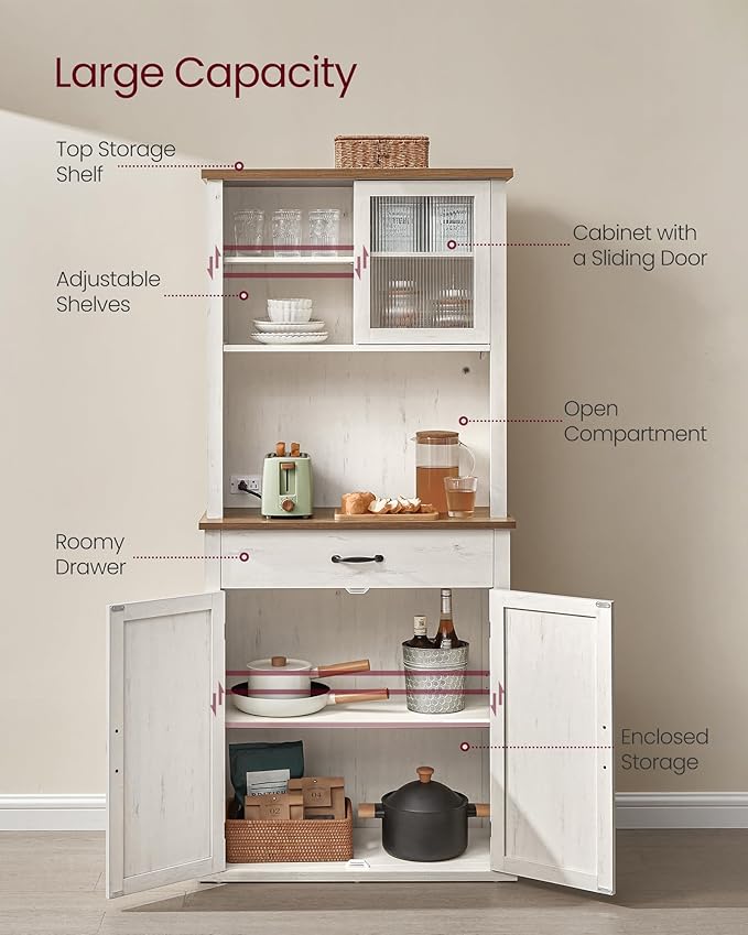 VASAGLE 71" Kitchen Pantry Cabinet with Lights and Charging Station, Coffee Bar Cabinet with Doors and Drawer, Farmhouse Style, Adjustable Shelves, Rustic White UBBK363W12