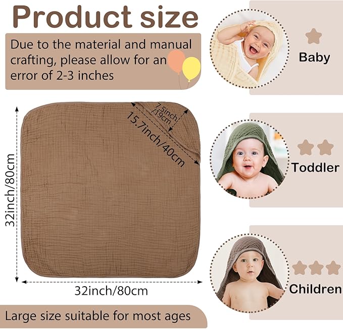 Peryiter 6 Pcs Muslin Hooded Baby Towels, 32"x 32" Cotton Newborn Bath Towel Muslin Infant Baby Blankets Absorbent Unisex Newborn Registry Gift Essentials for Girls Boys (Brown)