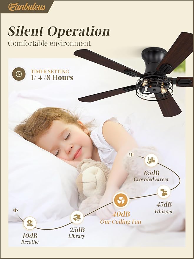 2 Pack Flush Mount 42 Inch Farmhouse Ceiling Fan with Light, Caged Ceiling Fans for Bedroom Living Room, Double-Sided 5 Blades Rustic Ceiling Fan-Black