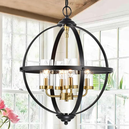 Treekee Rustic Chandelier, 17" Black and Gold Finish Glass Cover Luxurious Hanging Light, 4-Light Globe Vintage Pendant Ceiling Light Fixtures for Living Room Entry Way Dining Room