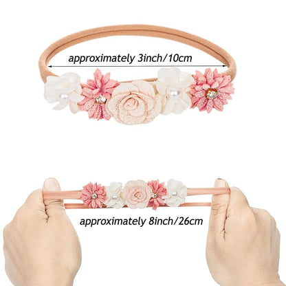 Mealah Baby Girls Flower-Headband Elastic-Nylon Hairbands Floral Crown for Newborn Infant Toddler Pack of 3