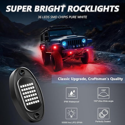 Rock Lights Ultra Bright LED Neon Underglow Lights Waterproof for Trucks Pickup SUV UTV ATV RZR Car Boats Motorcycle (Red, 20 Pods+ 33ft Wire Harness)