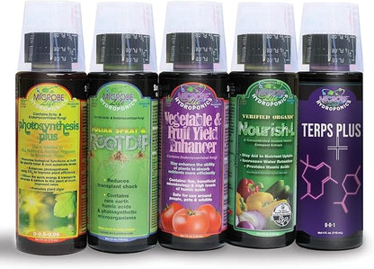 Microbe Life Hydroponics Starter Kit with 4-Ounce Sample Size Bottles of Photosynthesis Plus, Nourish-L, Vegetable and Fruit Plant Growth Yield Enhancer, Foliar Spray & Root Dip, and Terps Plus