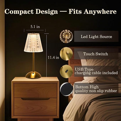 Crystal Table Lamp, 5000mAh Rechargeable Battery Lamp with Touch Control, 3 Color Temperatures, Dimmable Brightness, Matte Aluminum Light for Bedroom/Bar/Kitchen/Outdoor, Gift for Home Décor