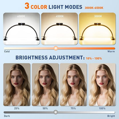 KIRKAS 24inch Large Half Moon Light for Nail Tech, 456 LEDs 3 Color Modes Infinitely Knob Arch Nail Light with Screen and Phone Holder Charging Function, Foldable Lighted Lamp for Manicure,Craft-Black