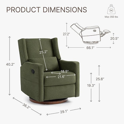 Upholstered Recliner Swivel Glider Nursery Chair Reclining Performance Fabric Rocker with Wood Base,Boucle,Moss Green