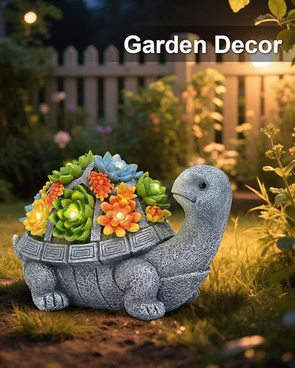 Solar Turtle Statue Garden Decor for Outside with Succulents and 7 LED Lights – 10.3 Inch Cute Lawn Ornaments for Patio, Porch, Balcony & Yard – Unique Birthday Gifts for Women Mom Grandma Wife
