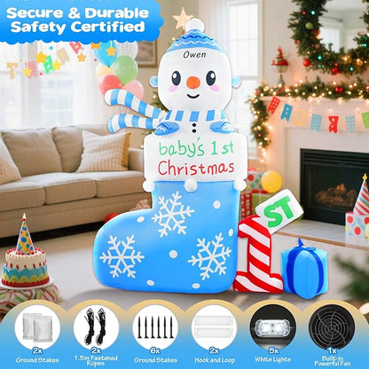 Christmas Inflatable Outdoor Decorations, 6 FT Inflatables Babys First Christmas Stocking Snowman Yard Decor, Built-in LED Lights Blow up 1st Xmas DIY Name Ornament for Indoor Outside Lawn Garden(Boy)