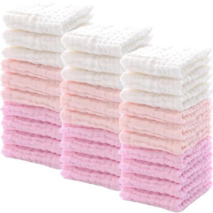 Chumia 30 Pcs Baby Muslin Washcloths Muslin Burp Cloths Baby Towel Natural Cotton Burp Cloths Wipes Soft Newborn Face Towel Absorbent for Face Bath Shower, 12 x 12'' (Light Pink, White, Pink)