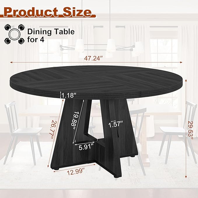 Round Dining Table for 4, 47 Inch Dinner Table Farmhouse Wooden Circle Kitchen Tables with Cross Base for Dining Room, Kitchen, Living Room, Black