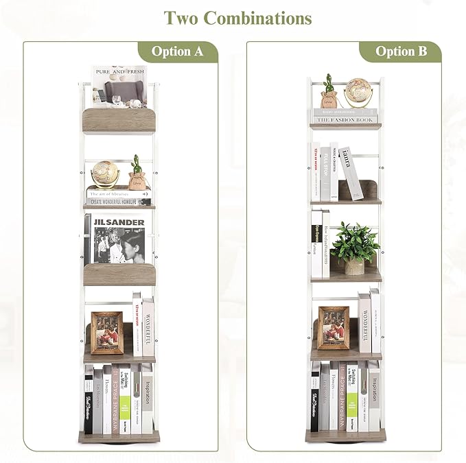 Bikoney Bookshelves 5-Tier, Rotating Bookshelf Tower for Corner, Small Narrow Bookcase, Tall Industrial Bookshelf, Wood and Metal White