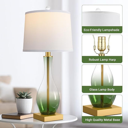 3-Way Dimmable Modern Glass table lamp for Living Room, Green Table Lamps Set of 2 with Touch Control, USB C and A Charging Ports, 27" Bedside Desk Lamps for Nightstand Decorations(LED Bulbs Included)