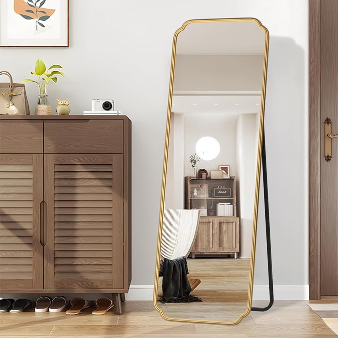 Gold Full Length Mirror with Standing, 65"x22" Rounded Corner Wall Mounted Floor Mirror Leaning Against Wall Dressing Room