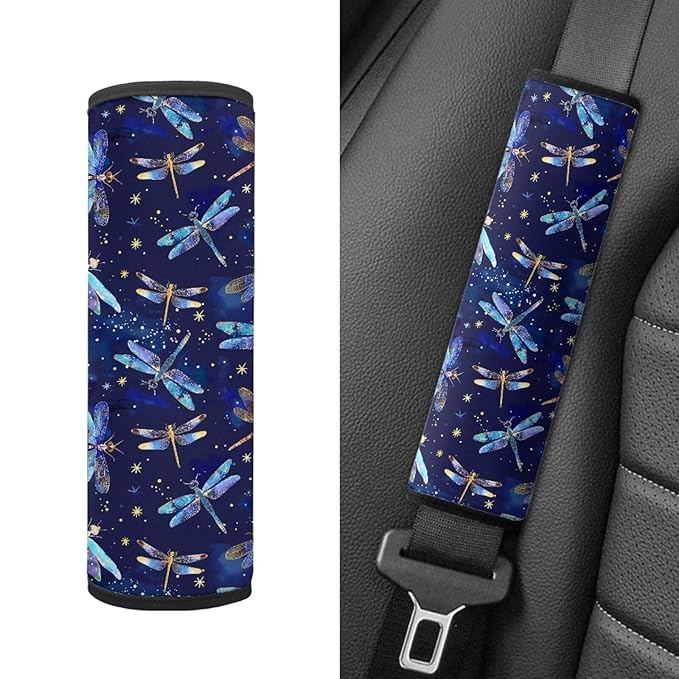 Biyejit Dragonfly Print Car Seat Belt Pillow for Kids Boys Girls, 2Pcs Car Seat Belt Cover Pad Head and Neck Support Backpack School Bag Shoulder Pads