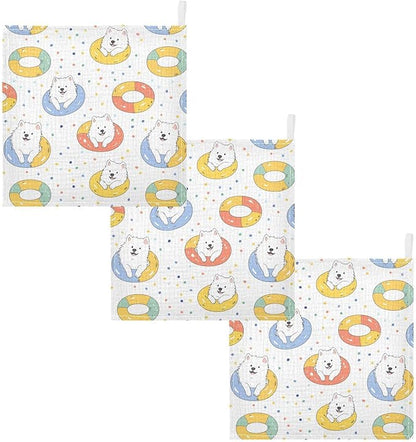 vvfelixl Baby Muslin Washcloths Kawaii Samoyed Swim Baby Burp Cloths Cotton Babys Face Towel for Newborn Infants Boys Girls Soft and Absorbent 11.8 X 11.8 in, 3 Pack