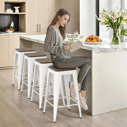 30 inch Backless Bar Stools Set of 4, Indoor Metal Bar Stools with Wood Seat, Industrial Counter Height Barstools for Kitchen Island, White