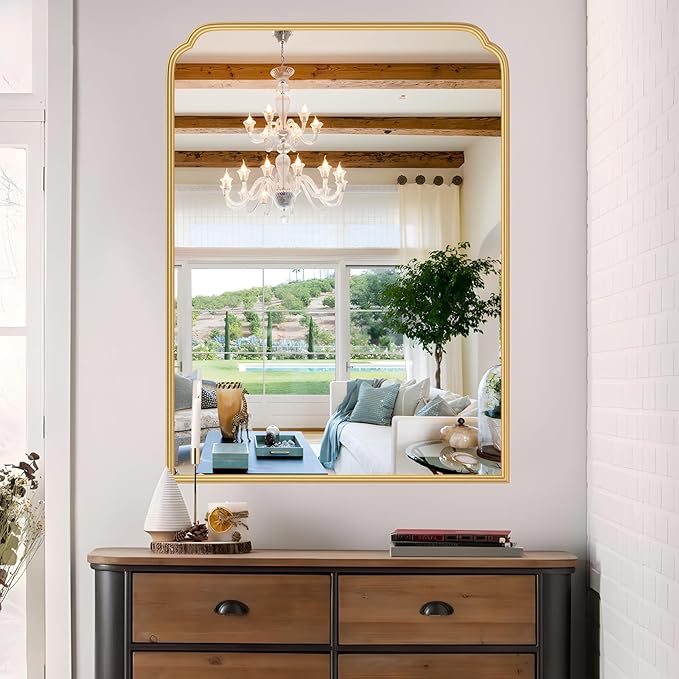 30X40 Inch Gold Bathroom Mirror for Vanity, Modern Rounded Corner Large Wall Mirror for Over Sink with Non-Rusting Iron Metal Framed (Tempered Glass)