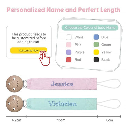 Personalized Pacifier Clip with Name, Customized Soft Webbing Binky Holder for Boys and Girls, Neutral Pacifier Holder Universally Fit All Pacifiers Style, 2 Pack(Pink, Green)