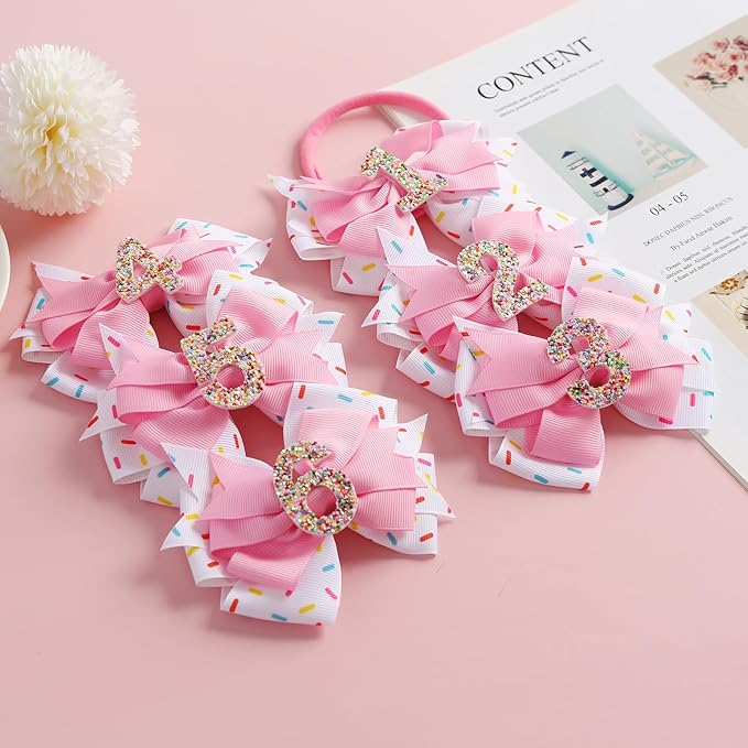 Birthday Hair Bow for Baby Girls 1 2 3 4 5 6 Years Sprinkle Decorations Confetti Ice Cream Party Pink Hair Accessories for Four 4th Birthday