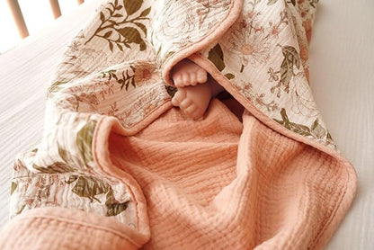 Little Jump Muslin Hooded Baby Bath Towels - 2 Pack 100% Cotton Towel for Babies, Infants, Toddlers - 32x32Inch - Highly Absorbent and Newborn Essential (Vintage Blossom)