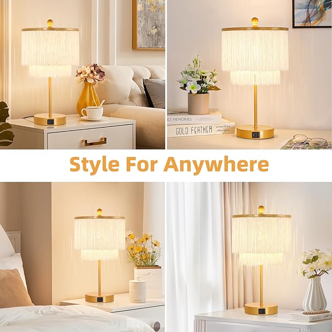 Lovlast Boho Lamp for Bedroom, 3-Way Dimmable Bedside Touch Lamp with USB Charging Port, Gold Table Lamp, Fringe Boho Table Lamp for Living Room, Teens Room, Dresser, Nightstand, LED Bulb Included