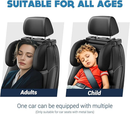 Car Headrest Pillow, [Supersleep] Road Pal Headrest with PU/Sponge Pad, 360° Adjustable Car Seat Head Neck Support, U Shaped Car Sleeping Pillow for Kids & Adults (Black-US Patent Design)